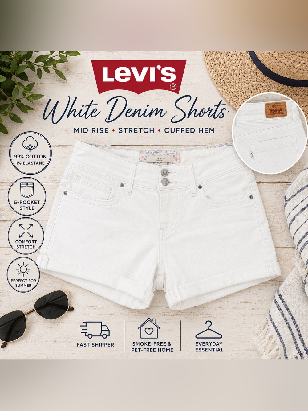 Levi’s White Denim Shorts Size 6 Stretch Mid Rise Double Button Cuffed Hem